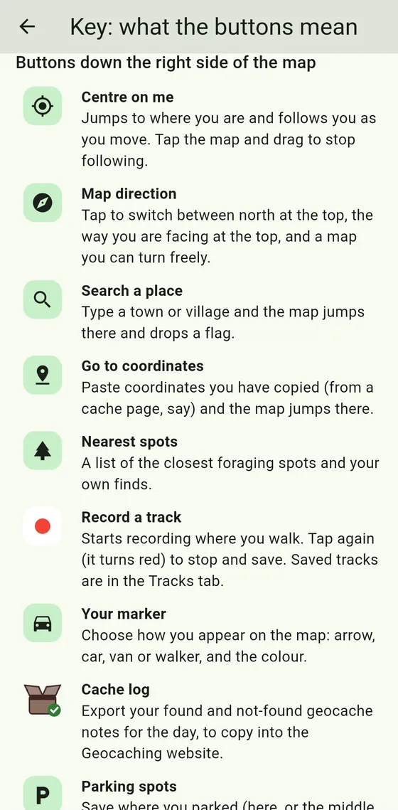 The in-app key explaining what each button on the map does