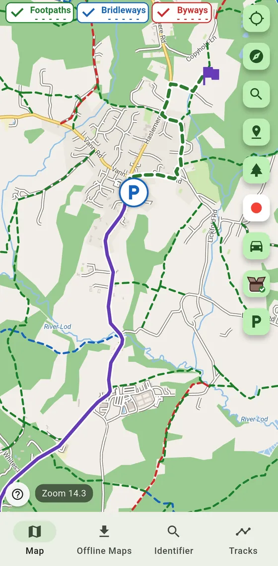 The offline map showing footpaths, bridleways and byways with a planned route