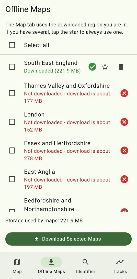 The Offline Maps screen listing UK regions with their download sizes